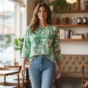 Leggiadro Italian Knit Floral Damask Green & White Quiet Luxury Top
